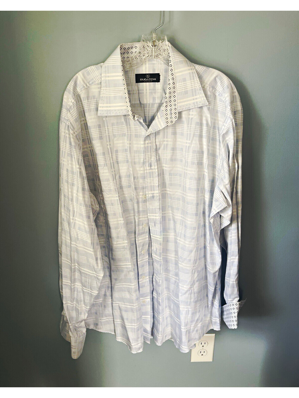 BUGATCHI Uomo Men's Dress Shirt XL 100% Cotton Plaid Light Blue/White